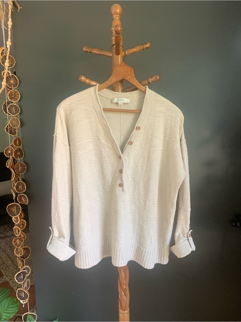 LOFT Women’s Cream Textured V-Neck Henley Sweater
